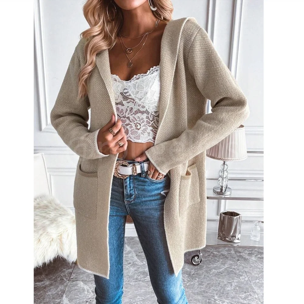 Hooded Knit Beige /Tan Open Cardigan Long Sleeves Hip Length w/ Pockets - Picture 7 of 8